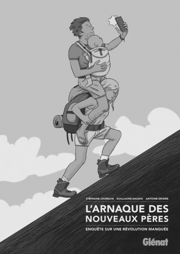 Illustration eines Mannes mit Kindern auf dem Rücken, der ein Selfie macht; Buchcover.